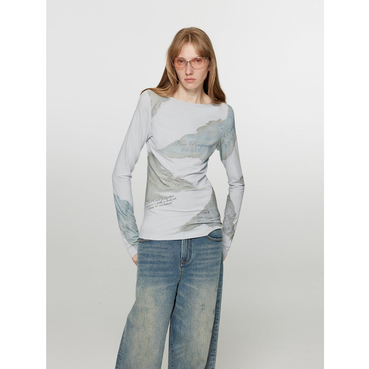 Fireladyfur Clothing Women's Fashion - Women's Clothing - Blouses & Shirts S（4-6） / Light Camel "Letter From Morning and Evening" Silk Cotton Blended/Original Printed One-Line Collar Long Sleeve T-Shirt Women's Fitte