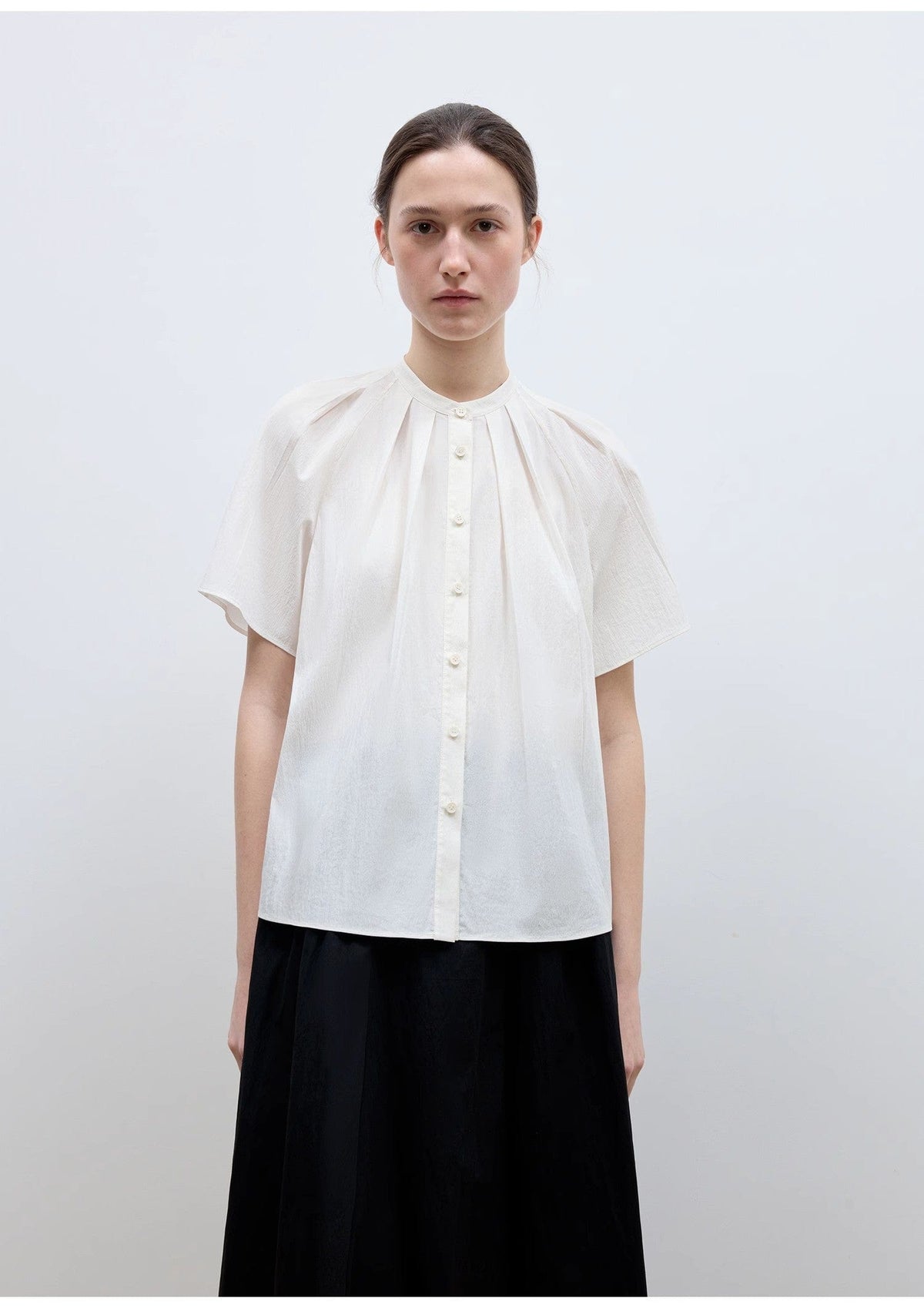 Fireladyfur Clothing Women's Fashion - Women's Clothing - Blouses & Shirts "Silent Island" Stand-Up Collar Pleated Short-Sleeved Shirt Women's Casual Top
