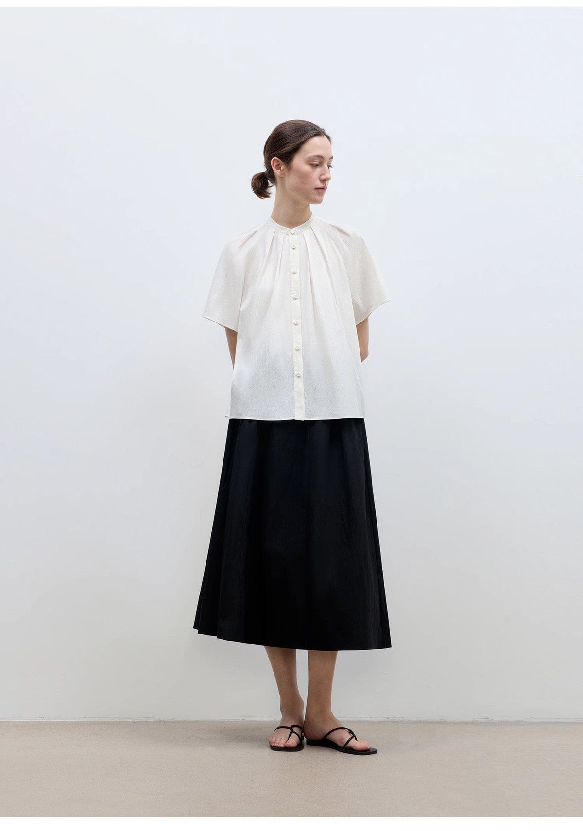 Fireladyfur Clothing Women's Fashion - Women's Clothing - Blouses & Shirts "Silent Island" Stand-Up Collar Pleated Short-Sleeved Shirt Women's Casual Top