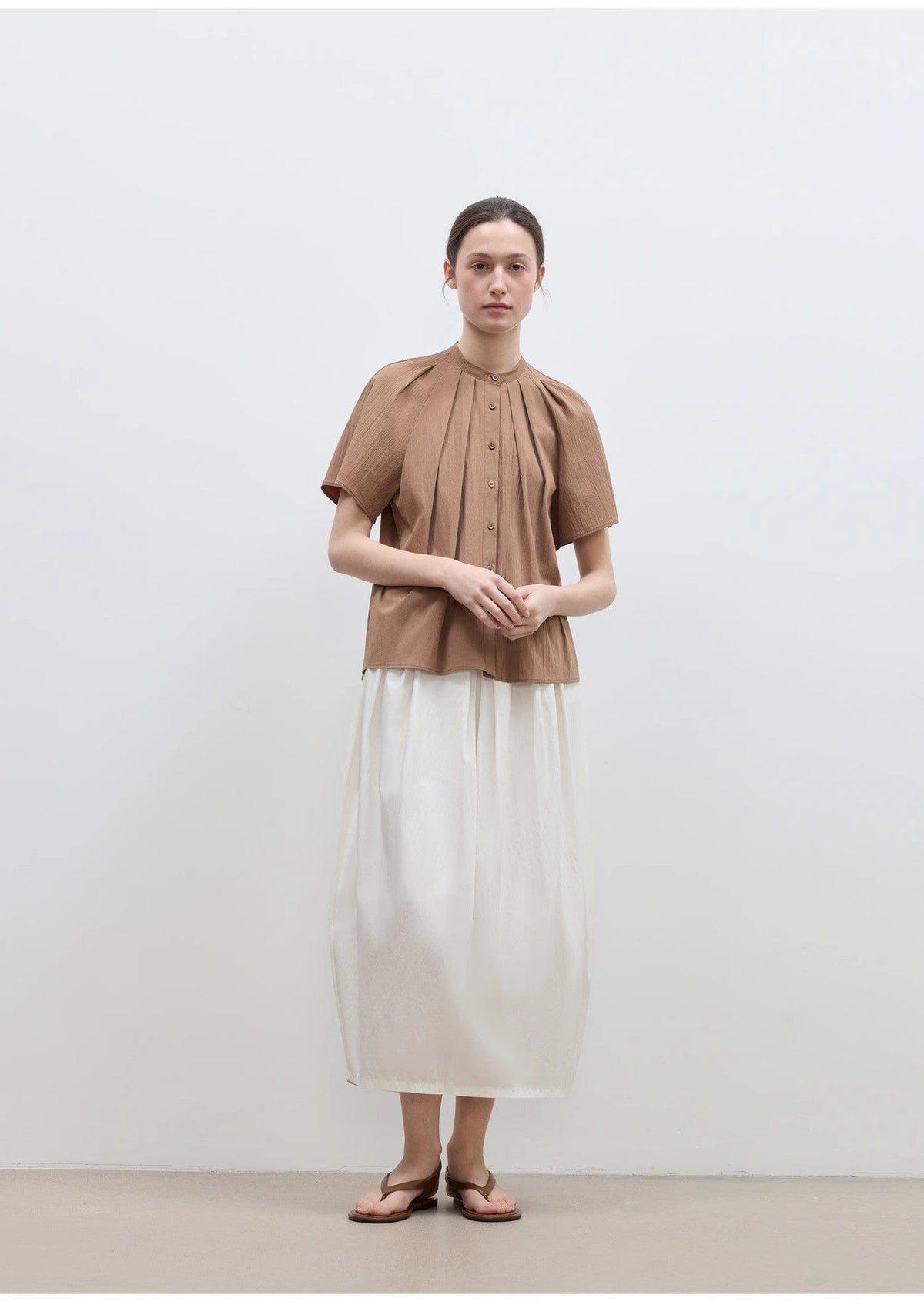 Fireladyfur Clothing Women's Fashion - Women's Clothing - Blouses & Shirts "Silent Island" Stand-Up Collar Pleated Short-Sleeved Shirt Women's Casual Top