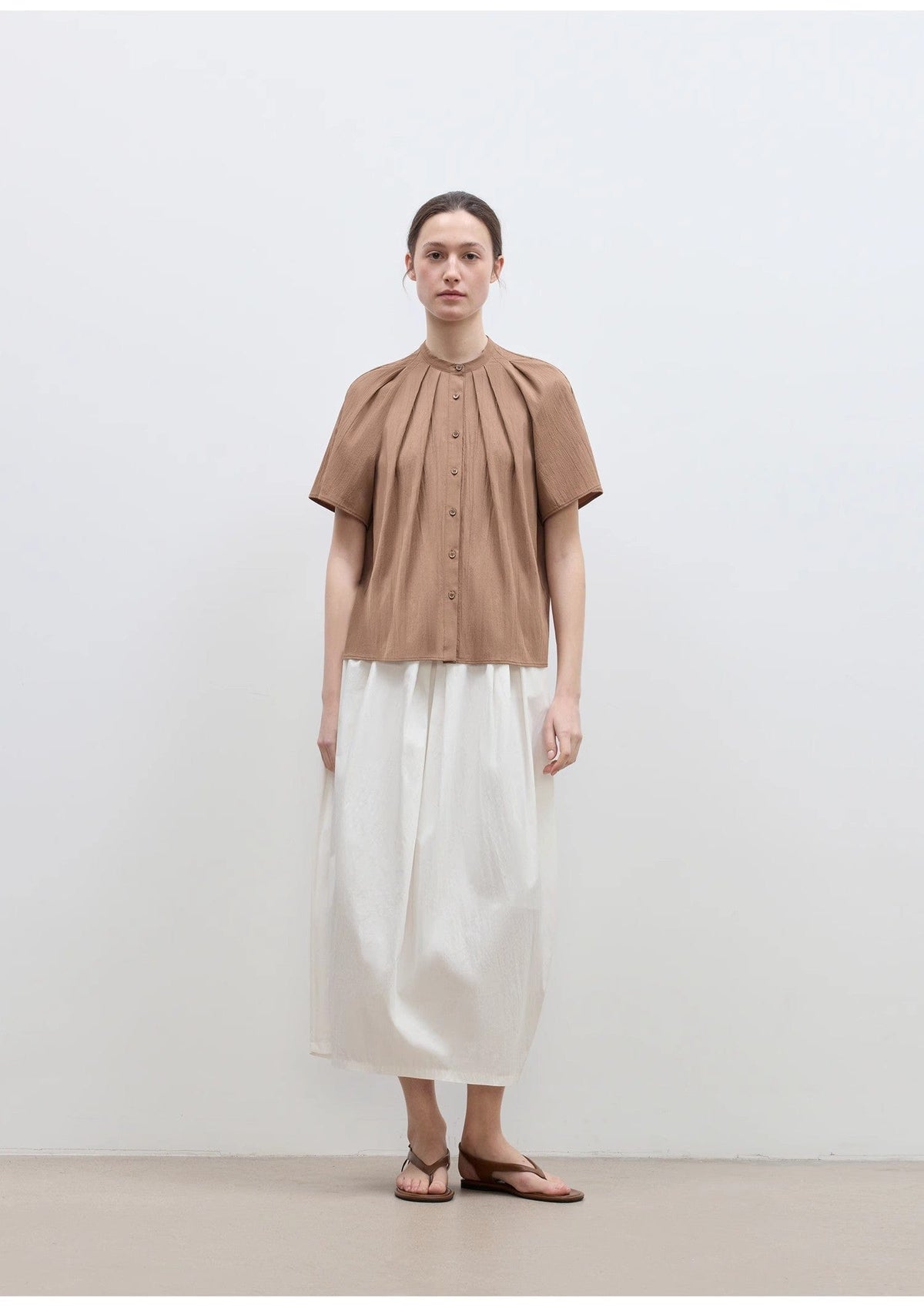 Fireladyfur Clothing Women's Fashion - Women's Clothing - Blouses & Shirts "Silent Island" Stand-Up Collar Pleated Short-Sleeved Shirt Women's Casual Top