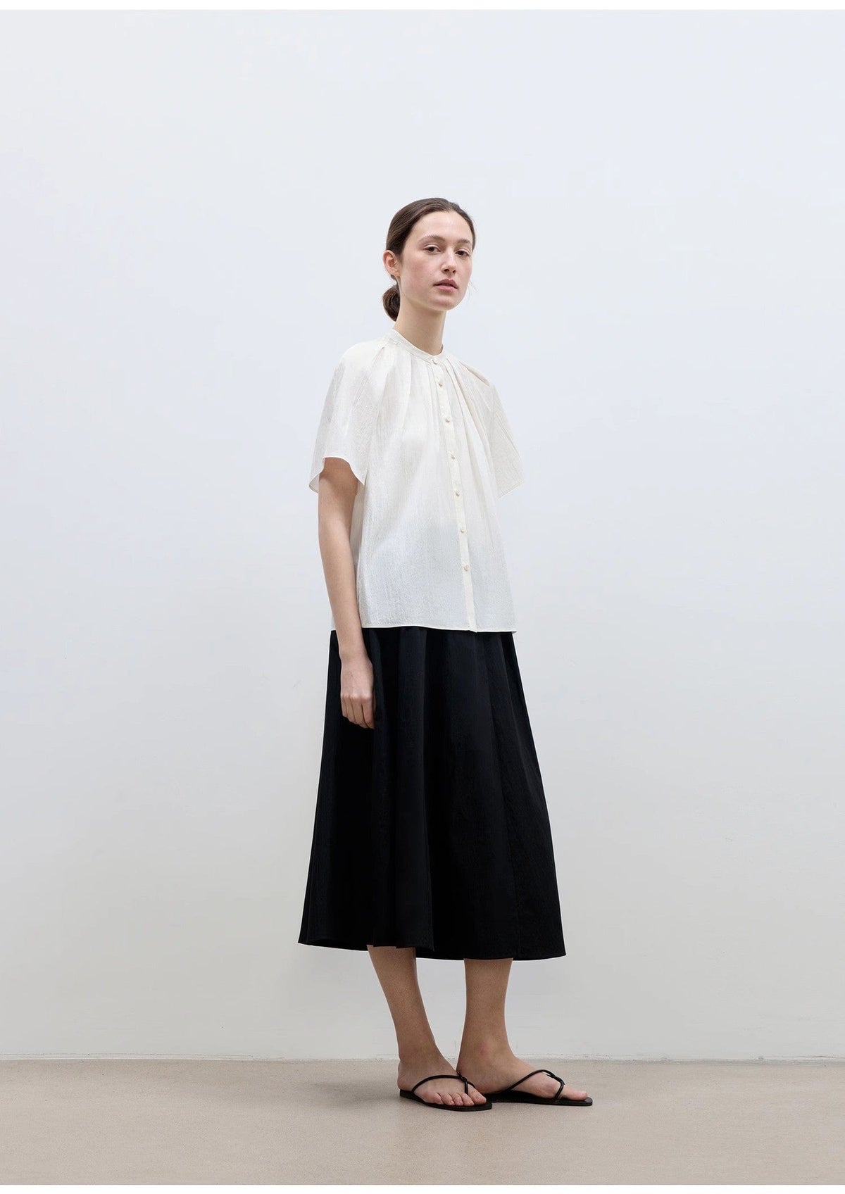 Fireladyfur Clothing Women's Fashion - Women's Clothing - Blouses & Shirts "Silent Island" Stand-Up Collar Pleated Short-Sleeved Shirt Women's Casual Top