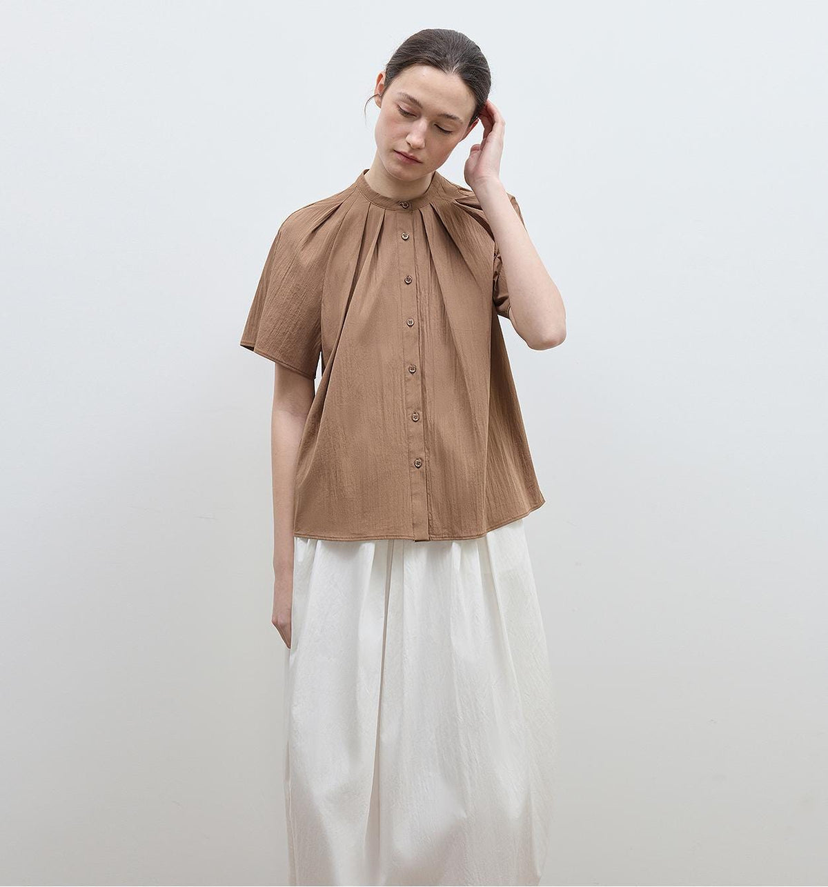 Fireladyfur Clothing Women's Fashion - Women's Clothing - Blouses & Shirts "Silent Island" Stand-Up Collar Pleated Short-Sleeved Shirt Women's Casual Top