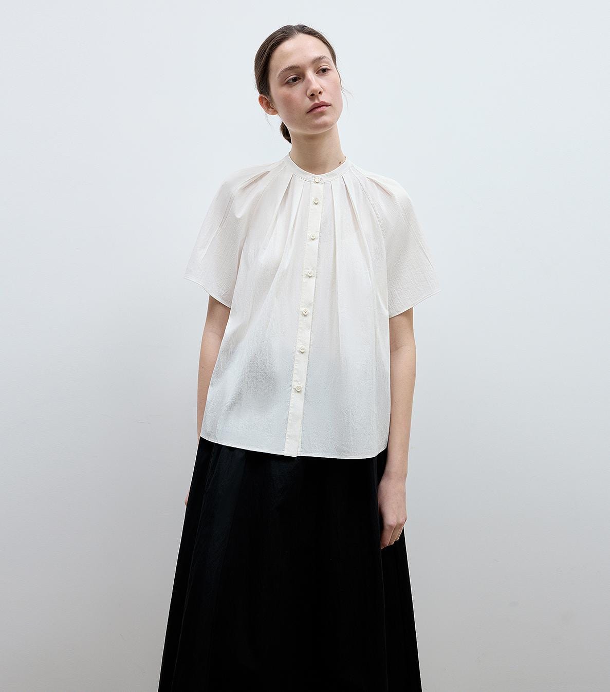 Fireladyfur Clothing Women's Fashion - Women's Clothing - Blouses & Shirts "Silent Island" Stand-Up Collar Pleated Short-Sleeved Shirt Women's Casual Top