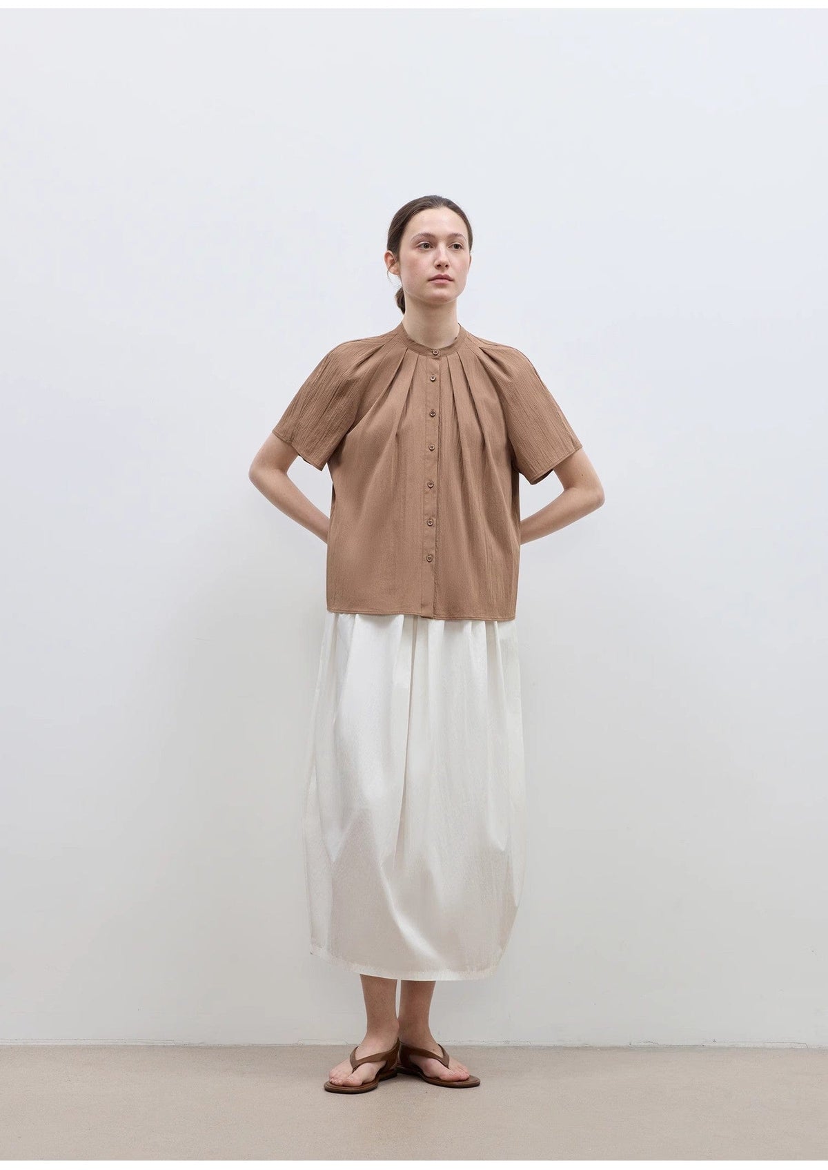 Fireladyfur Clothing Women's Fashion - Women's Clothing - Blouses & Shirts "Silent Island" Stand-Up Collar Pleated Short-Sleeved Shirt Women's Casual Top