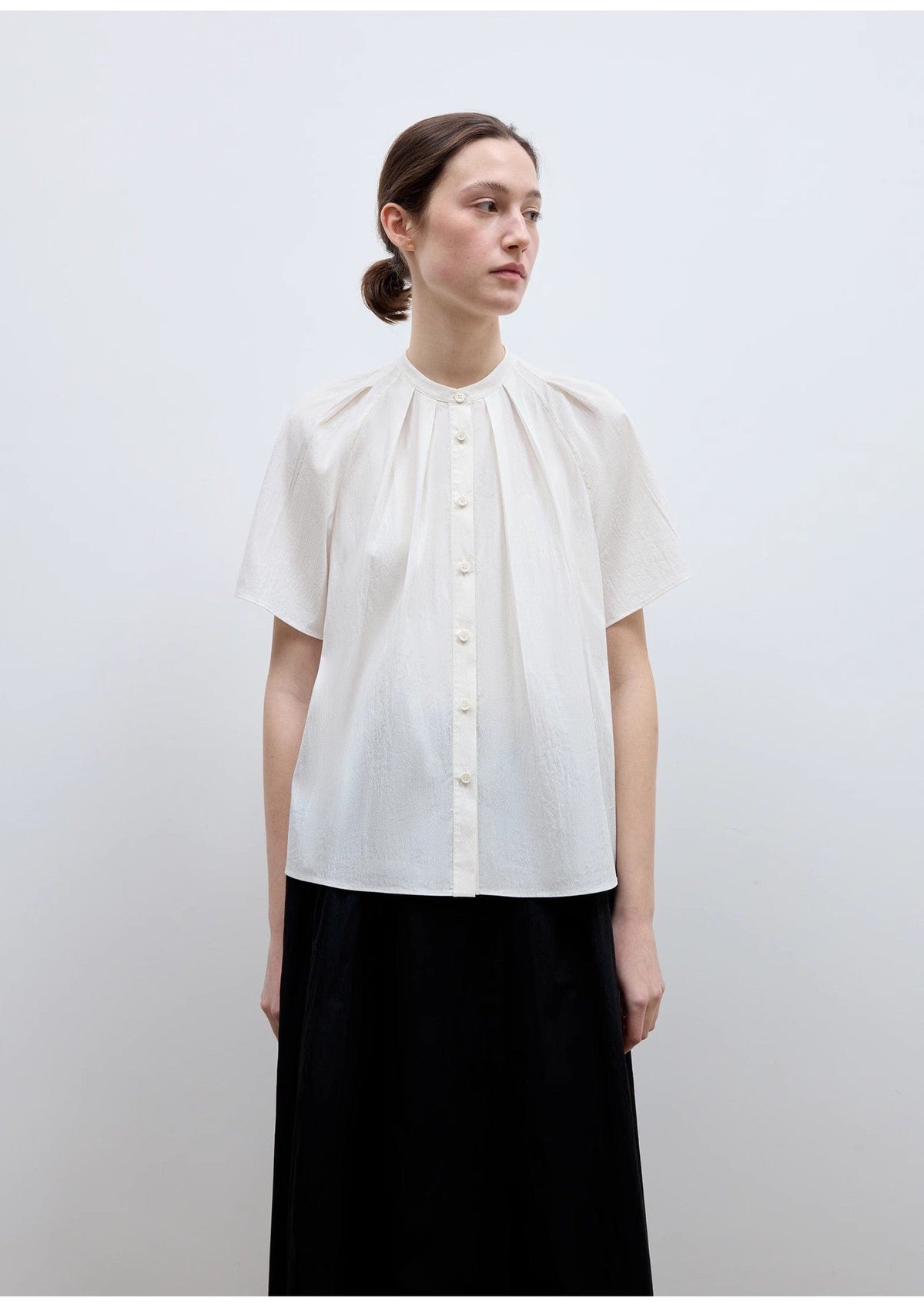 Fireladyfur Clothing Women's Fashion - Women's Clothing - Blouses & Shirts "Silent Island" Stand-Up Collar Pleated Short-Sleeved Shirt Women's Casual Top