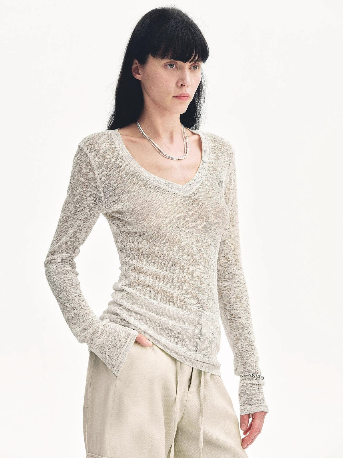 Fireladyfur Clothing Women's Fashion - Women's Clothing - Blouses & Shirts "Spring Old Dream" Loose and Versatile Slightly Hollow V-Neck Straight Shoulder Top