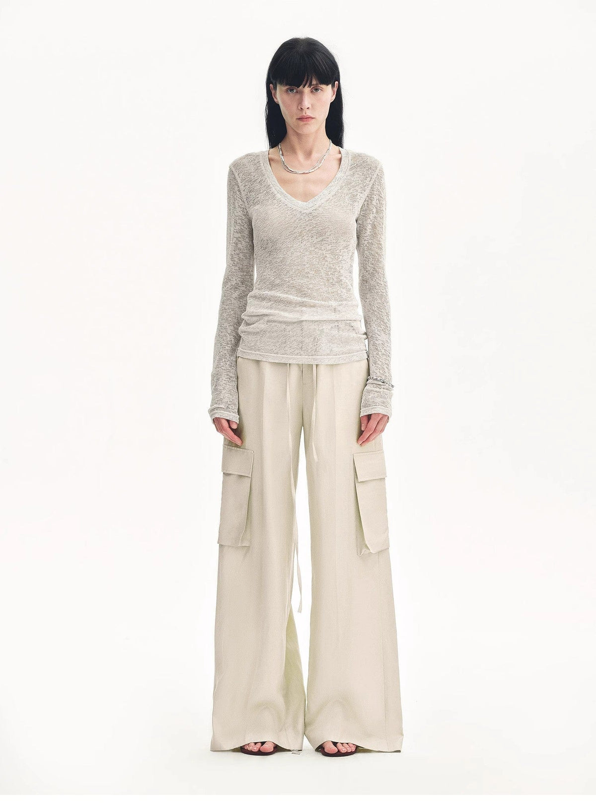 Fireladyfur Clothing Women's Fashion - Women's Clothing - Blouses & Shirts "Spring Old Dream" Loose and Versatile Slightly Hollow V-Neck Straight Shoulder Top