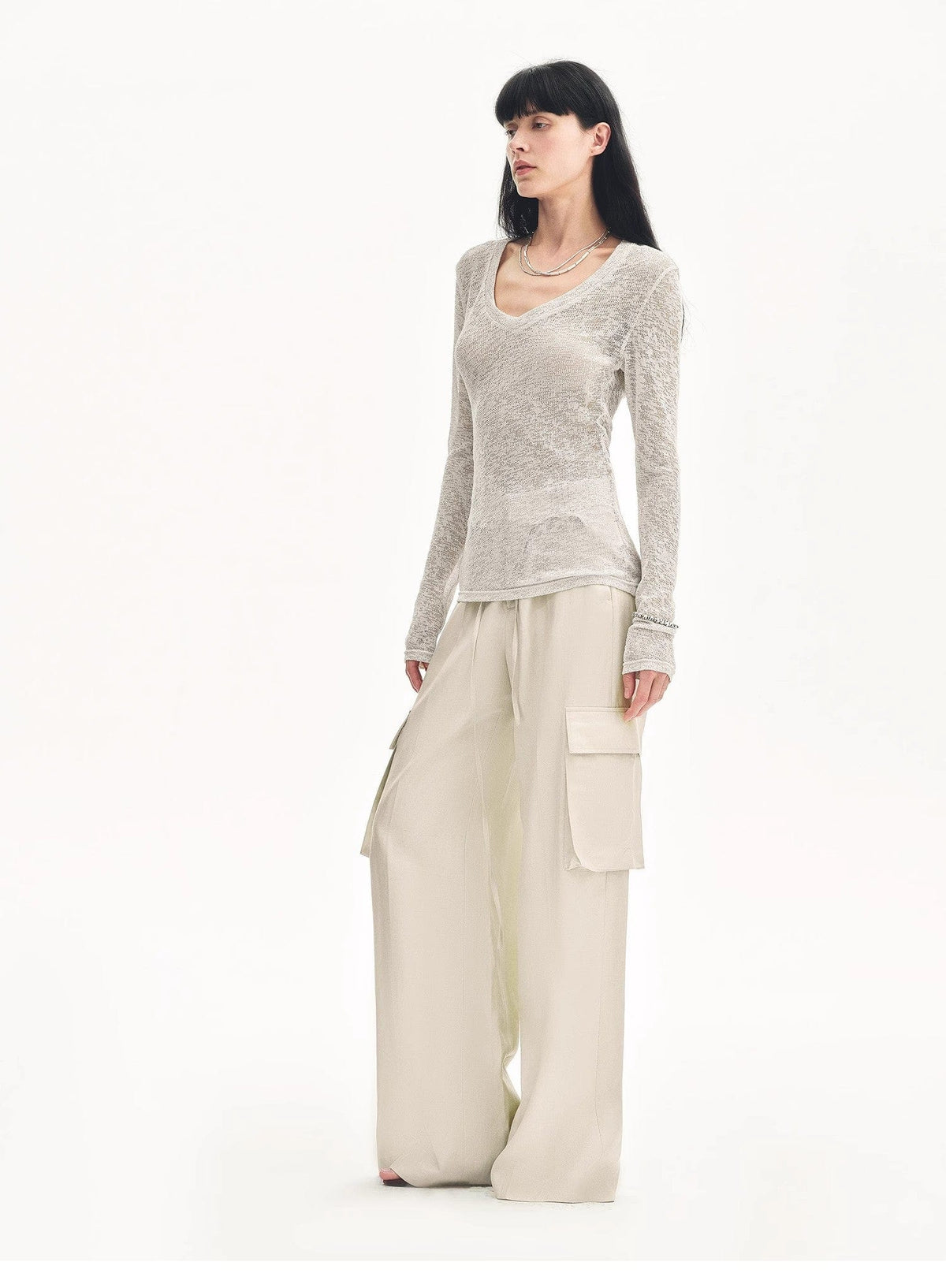 Fireladyfur Clothing Women's Fashion - Women's Clothing - Blouses & Shirts "Spring Old Dream" Loose and Versatile Slightly Hollow V-Neck Straight Shoulder Top