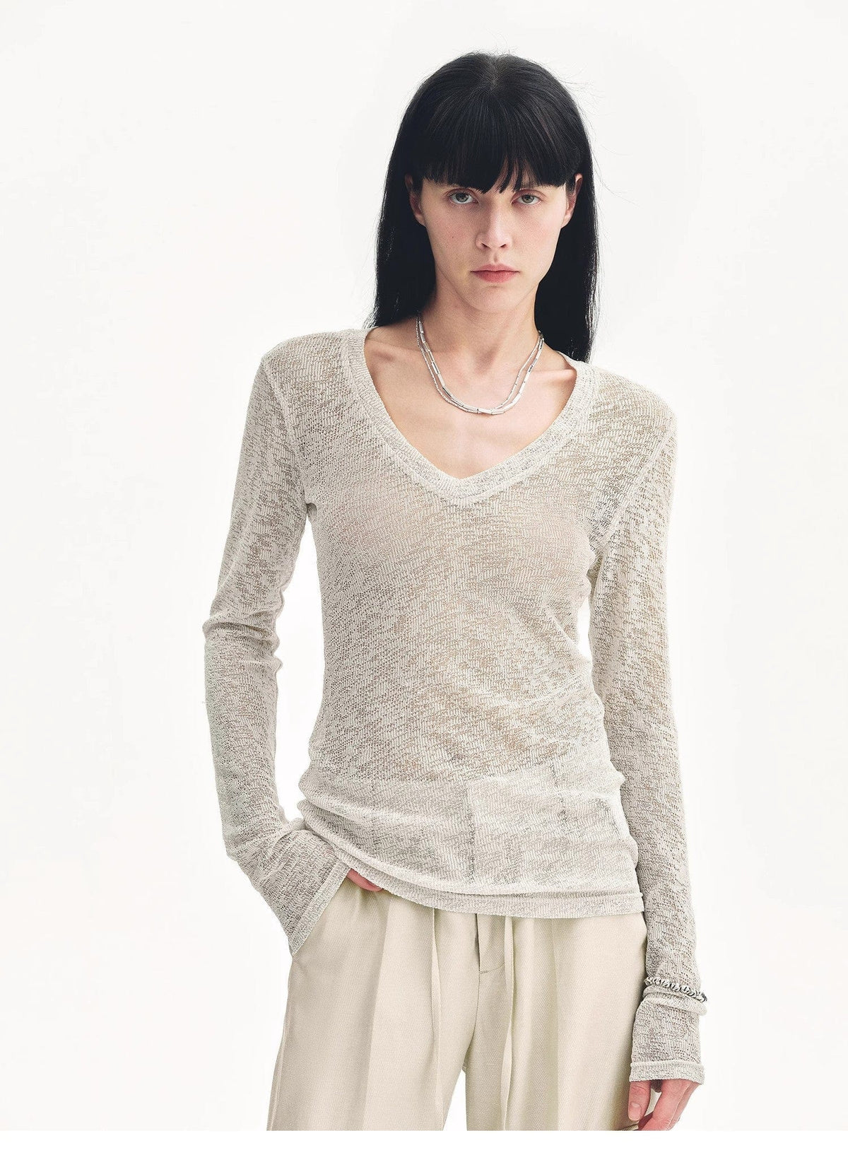 Fireladyfur Clothing Women's Fashion - Women's Clothing - Blouses & Shirts "Spring Old Dream" Loose and Versatile Slightly Hollow V-Neck Straight Shoulder Top