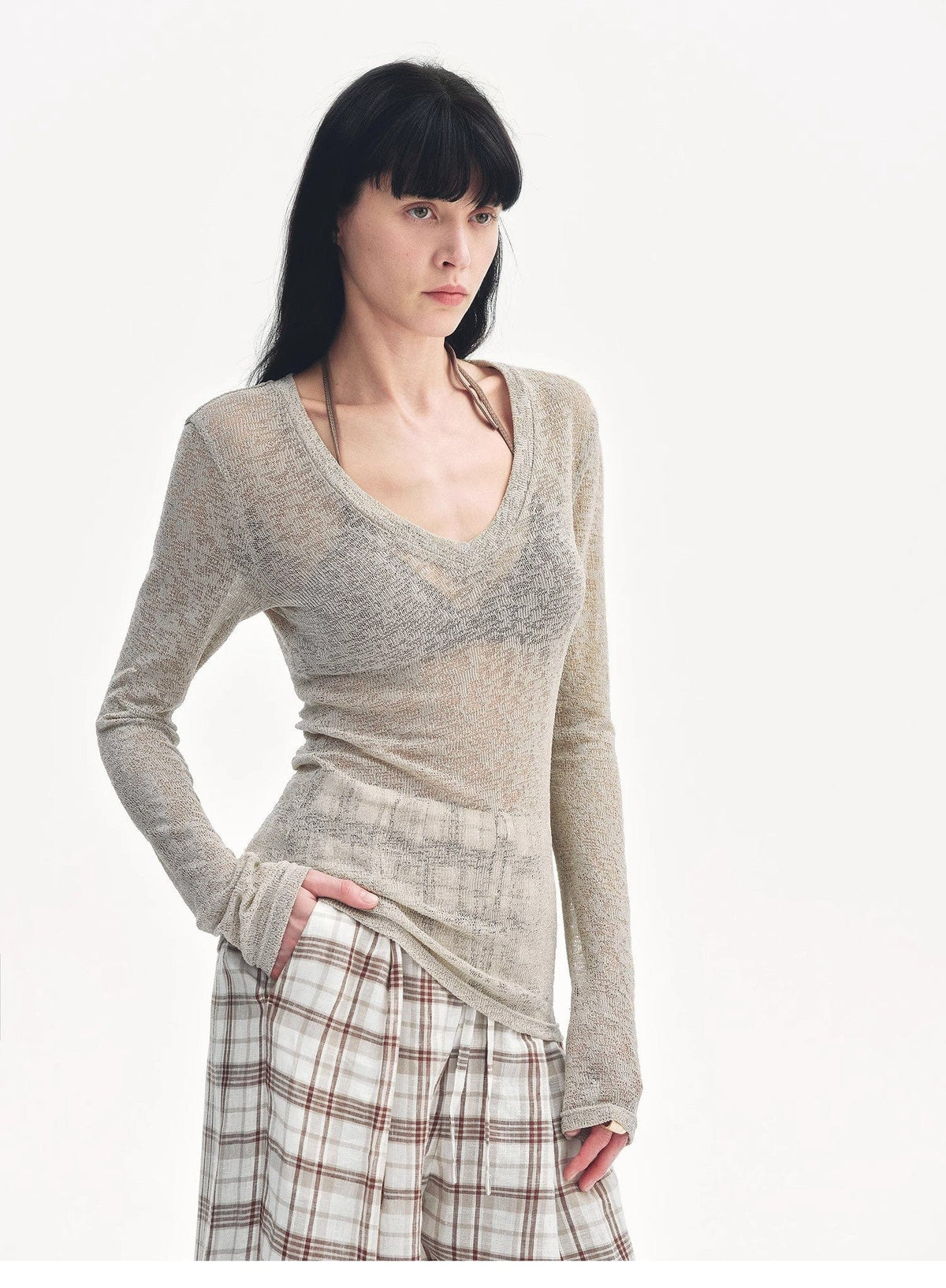 Fireladyfur Clothing Women's Fashion - Women's Clothing - Blouses & Shirts "Spring Old Dream" Loose and Versatile Slightly Hollow V-Neck Straight Shoulder Top