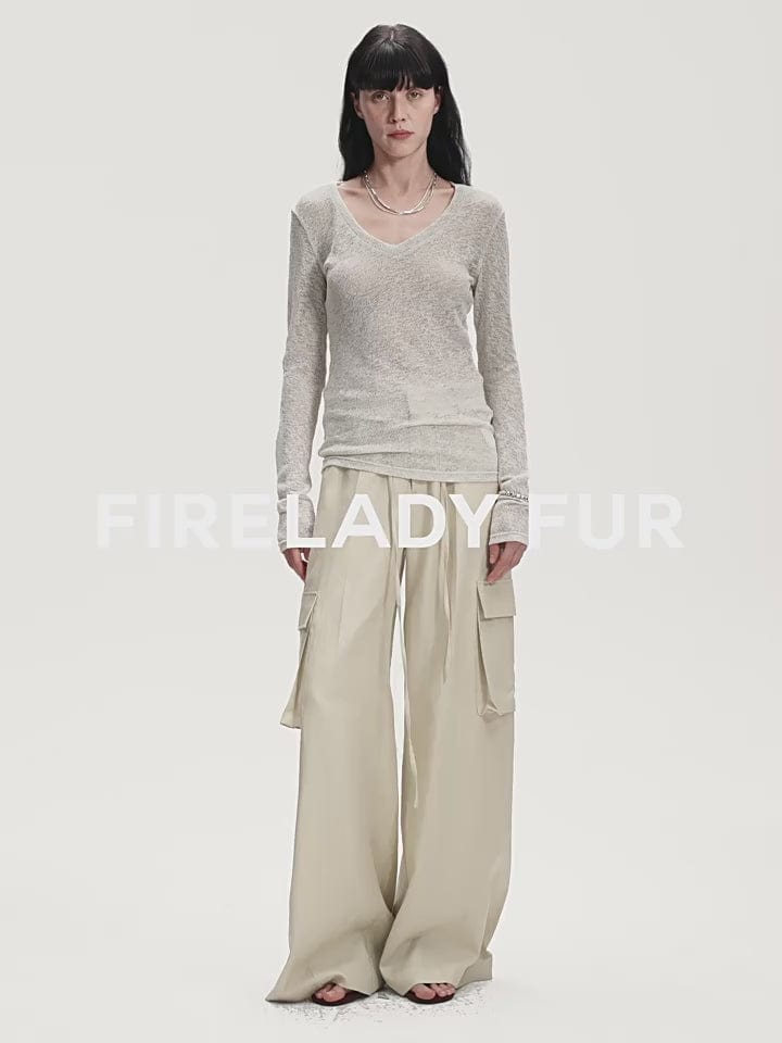 Fireladyfur Clothing Women's Fashion - Women's Clothing - Blouses & Shirts "Spring Old Dream" Loose and Versatile Slightly Hollow V-Neck Straight Shoulder Top