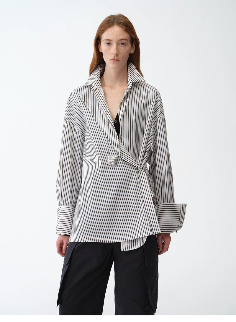 Fireladyfur Clothing Women's Fashion - Women's Clothing - Blouses & Shirts "Striped Fantasy" Casual Asymmetric Slanted Front Two-Wear Striped Long Sleeve Shirt