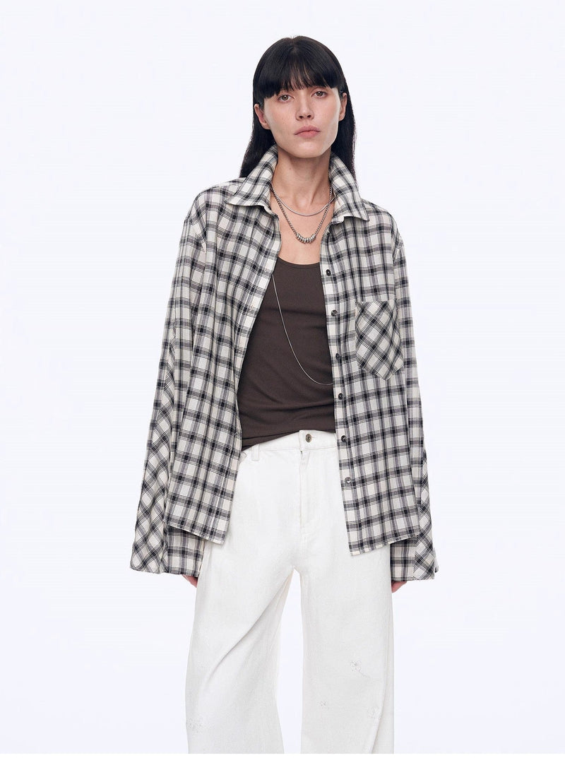 Fireladyfur Clothing Women's Fashion - Women's Clothing - Blouses & Shirts "Style Diary" Tencel Acetate Jacquard Check Dropped Shoulder Shirt