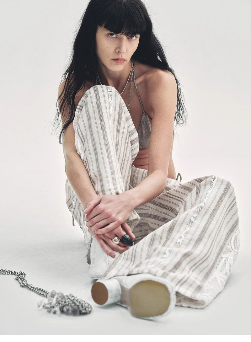 Fireladyfur Clothing Women's Fashion - Women's Clothing - Bottoms - Pants & Capris "Fashion Tension" Linen Vertical Stripe Drape Wide Leg Casual Pants
