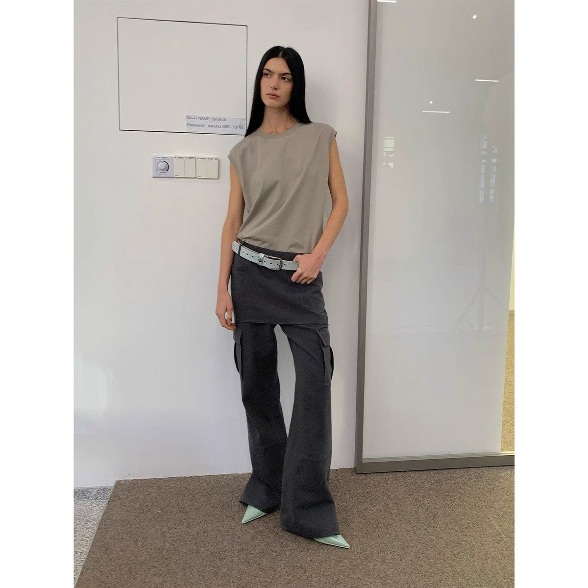Fireladyfur Clothing Women's Fashion - Women's Clothing - Bottoms - Pants & Capris "Free to Run Away" Miu Style Fake Two-Piece Workwear Micro-Flared Casual Pants Low-Waist Slim Zipper Trousers for Women