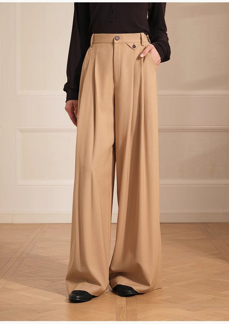 Fireladyfur Clothing Women's Fashion - Women's Clothing - Bottoms - Pants & Capris Merino Wool Blended Double Pleated Wide-Leg Pants for Women, Versatile, Drapey and Comfortable Casual Trousers