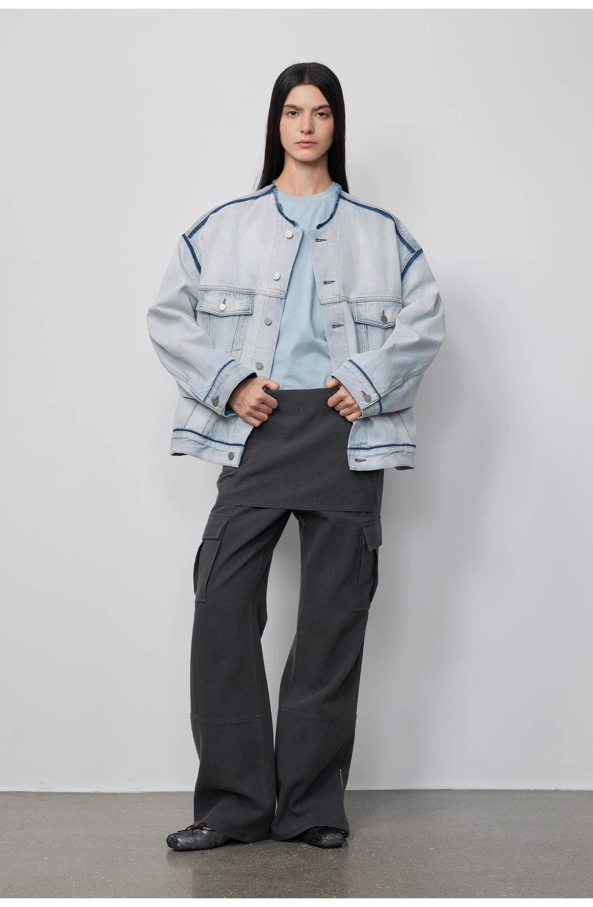 Fireladyfur Clothing Women's Fashion - Women's Clothing - Bottoms - Pants & Capris S（4-6） / Black Gray "Free to Run Away" Miu Style Fake Two-Piece Workwear Micro-Flared Casual Pants Low-Waist Slim Zipper Trousers for Women