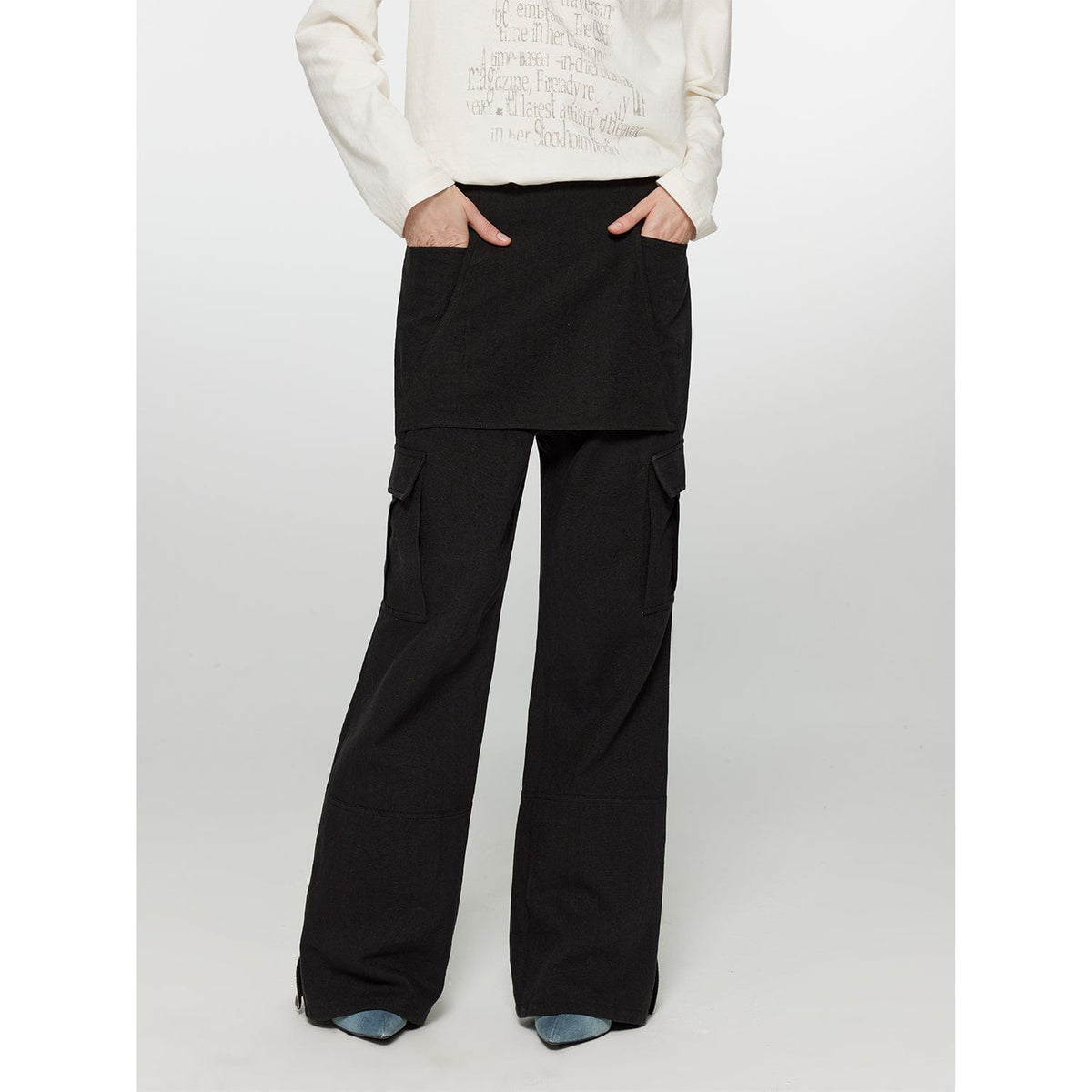 Fireladyfur Clothing Women's Fashion - Women's Clothing - Bottoms - Pants & Capris S（4-6） / Grayish White "Free to Run Away" Miu Style Fake Two-Piece Workwear Micro-Flared Casual Pants Low-Waist Slim Zipper Trousers for Women