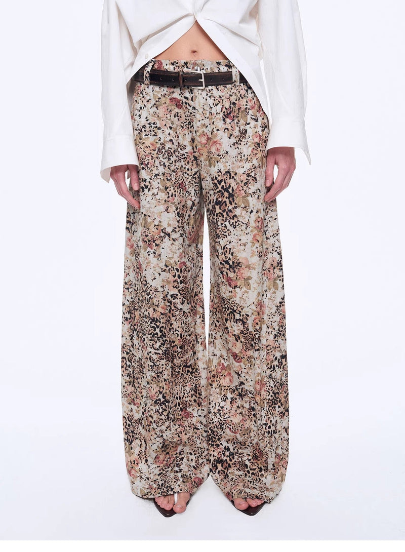 Fireladyfur Clothing Women's Fashion - Women's Clothing - Bottoms - Pants & Capris "Slow Paris" Vintage Print Linen Blend Cut Scimitar Wide Leg Casual Pants