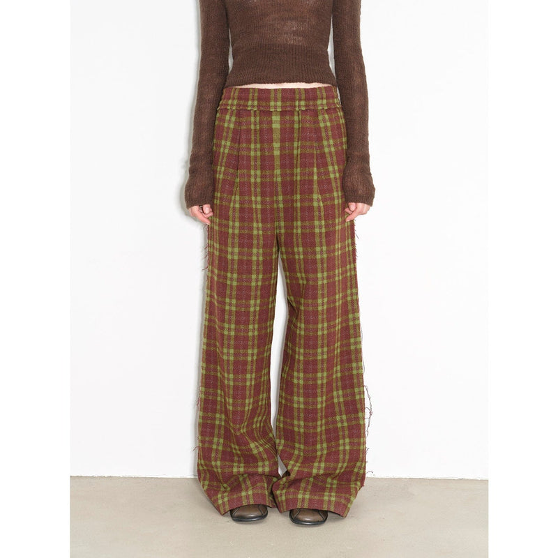 Fireladyfur Clothing Women's Fashion - Women's Clothing - Bottoms - Pants & Capris "Vintage Opportunity" High-Proportion Merino Wool Single Pleated Plaid Tweed Low-Rise Wide-Leg Casual Pants