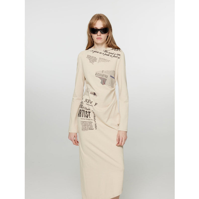 Fireladyfur Clothing Women's Fashion - Women's Clothing - Dress - Long-Sleeve Dress S（4-6） / Light Apricot "Style in the City" Original Printed One-Shoulder Bias-Cut Dress Women's Pleated Waist Slimming Long Dress Spring