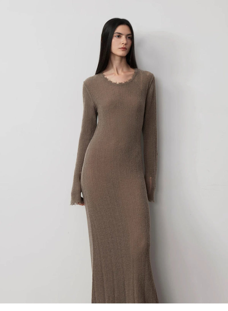 Fireladyfur Clothing Women's Fashion - Women's Clothing - Dress - Long-Sleeve Dress Wool Looped Yarn Raw Edge Ripped and Drapey Long Dress With a Slim Fit