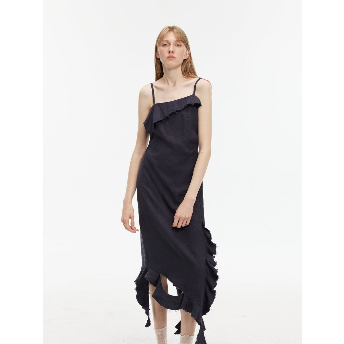 Fireladyfur Clothing Women's Fashion - Women's Clothing - Dress - Sleeveless Dress Blue Black / S（4-6） "Summer Whisper" Sand-Washed Linen Sling Ruffled Irregular Fit Sling Dress