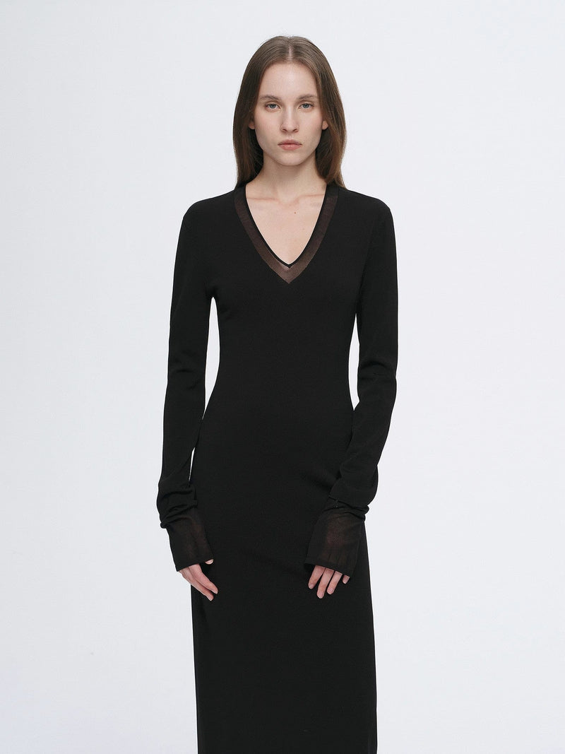 Fireladyfur Clothing Women's Fashion - Women's Clothing - Dress - Sleeveless Dress Elegant and Intellectual Triacetate Tencel Blended Skin-Friendly Transparent Splicing Design V-Neck Dress
