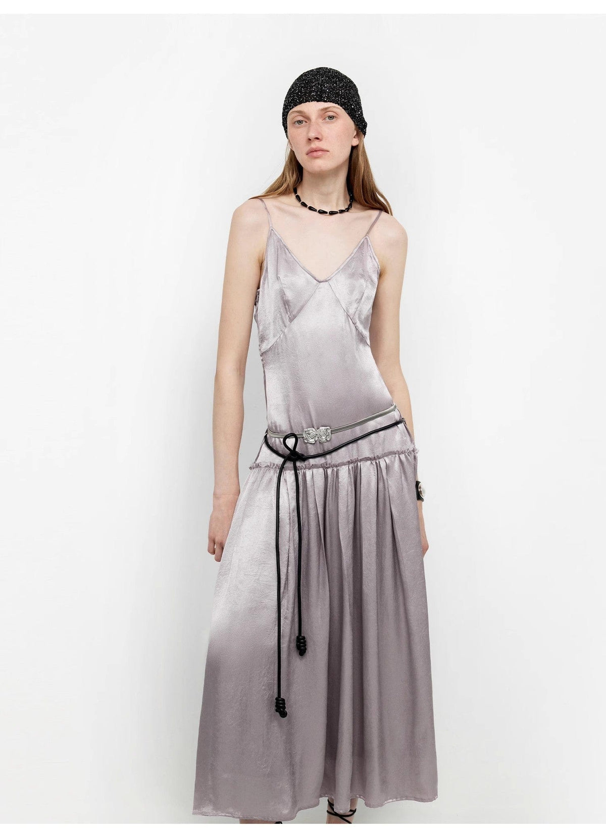 Fireladyfur Clothing Women's Fashion - Women's Clothing - Dress - Sleeveless Dress "Girls' Letterhead" Luxurious and Light, Glossy and Silky 100% Acetate Low-Waisted Long Suspender Dress