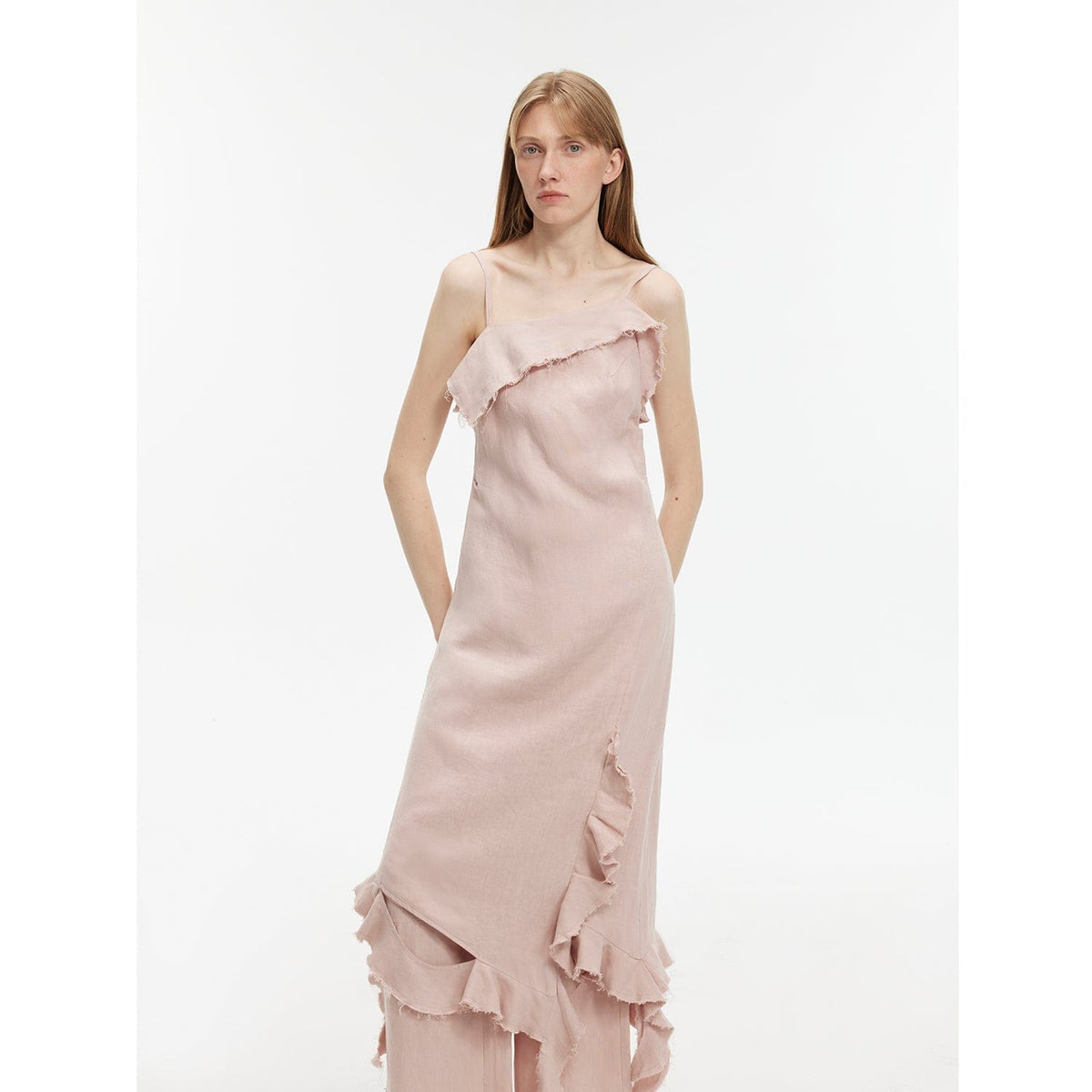 Fireladyfur Clothing Women's Fashion - Women's Clothing - Dress - Sleeveless Dress Gray Pink / S（4-6） "Summer Whisper" Sand-Washed Linen Sling Ruffled Irregular Fit Sling Dress