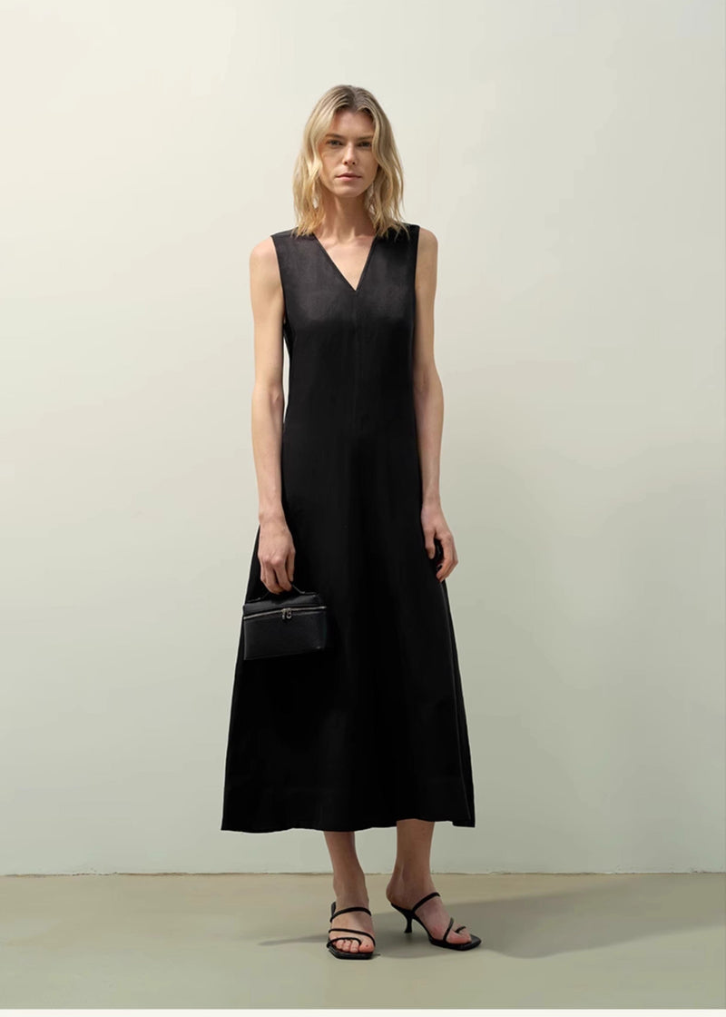 Fireladyfur Clothing Women's Fashion - Women's Clothing - Dress - Sleeveless Dress Lightweight and Zero-Pressure Cupro Linen Textured Anti-Wrinkle V-Neck Sleeveless A-Line Dress