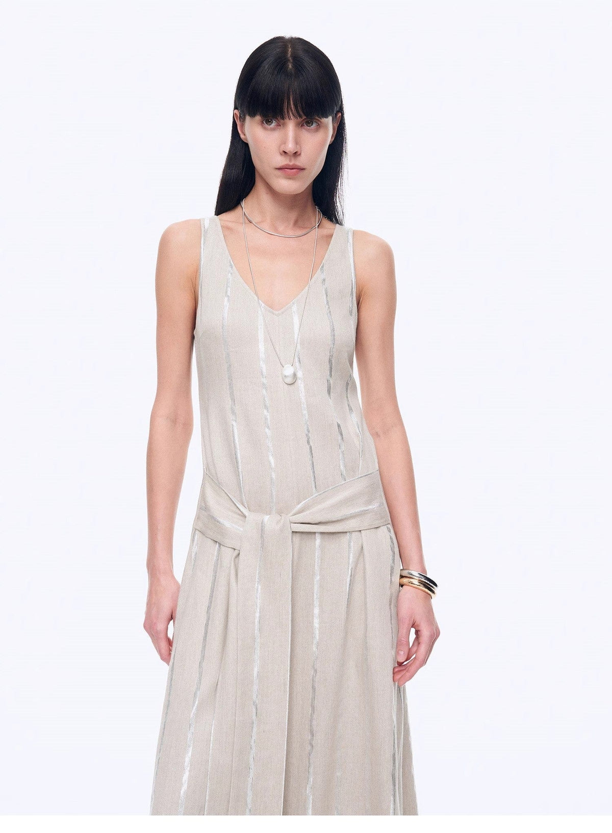 Fireladyfur Clothing Women's Fashion - Women's Clothing - Dress - Sleeveless Dress "Milan Holiday" Silver Striped Linen V-Neck Drape Dress