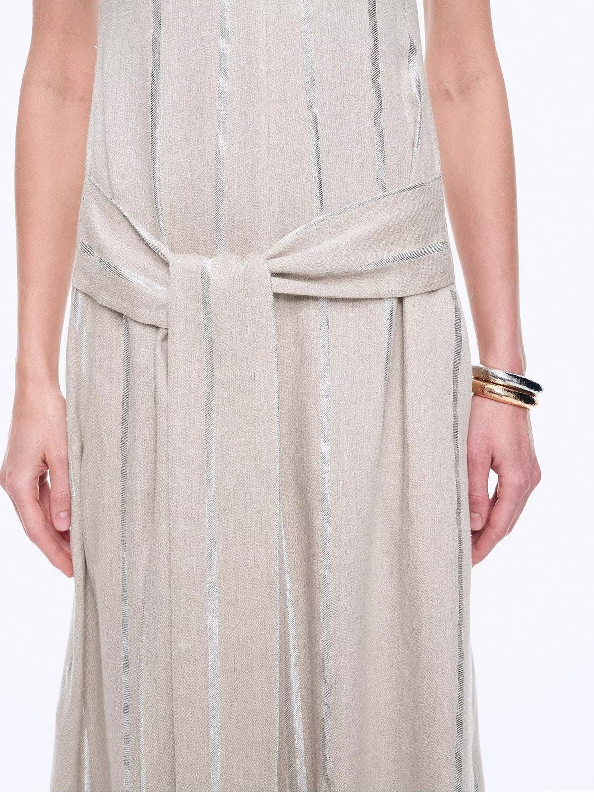 Fireladyfur Clothing Women's Fashion - Women's Clothing - Dress - Sleeveless Dress "Milan Holiday" Silver Striped Linen V-Neck Drape Dress