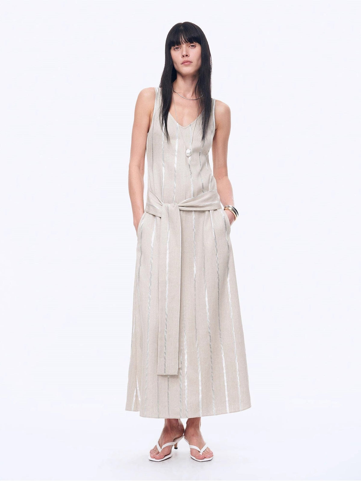 Fireladyfur Clothing Women's Fashion - Women's Clothing - Dress - Sleeveless Dress "Milan Holiday" Silver Striped Linen V-Neck Drape Dress
