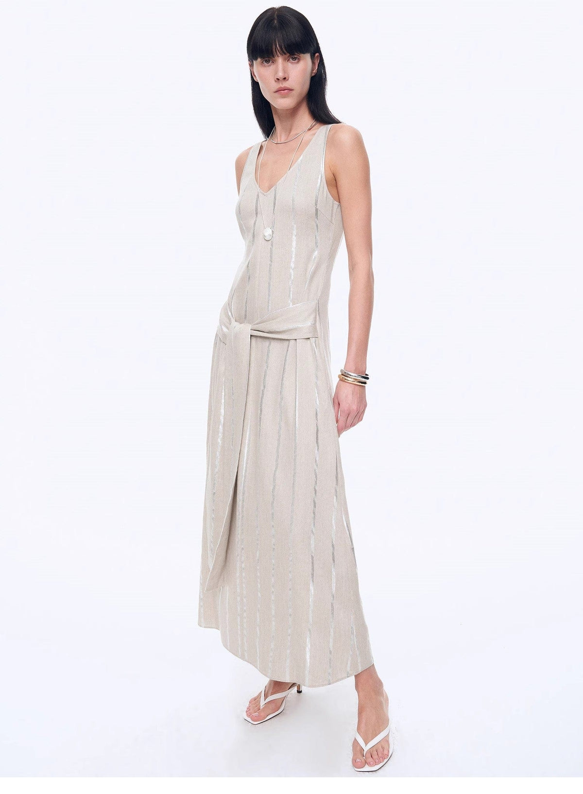 Fireladyfur Clothing Women's Fashion - Women's Clothing - Dress - Sleeveless Dress "Milan Holiday" Silver Striped Linen V-Neck Drape Dress