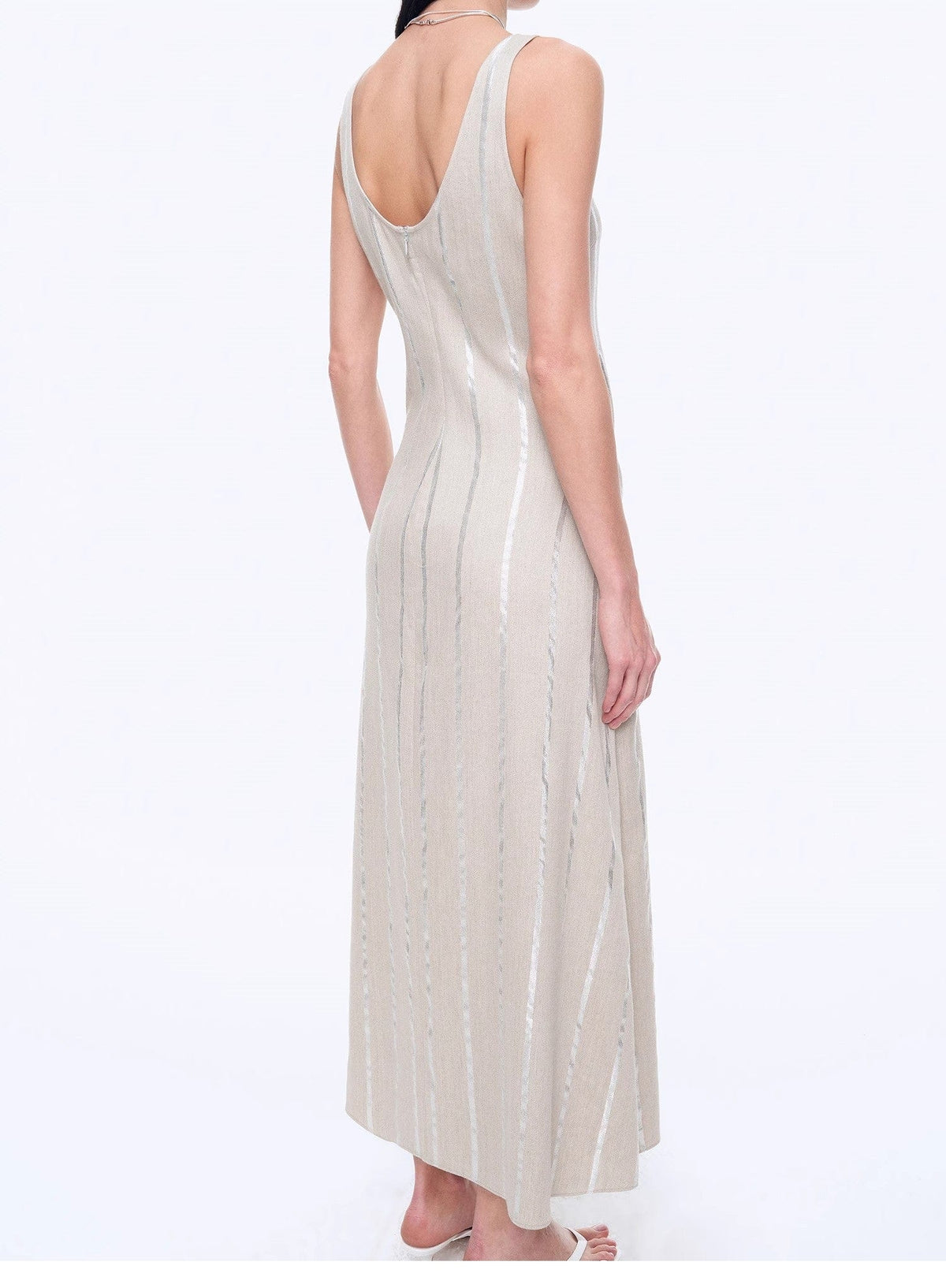 Fireladyfur Clothing Women's Fashion - Women's Clothing - Dress - Sleeveless Dress "Milan Holiday" Silver Striped Linen V-Neck Drape Dress