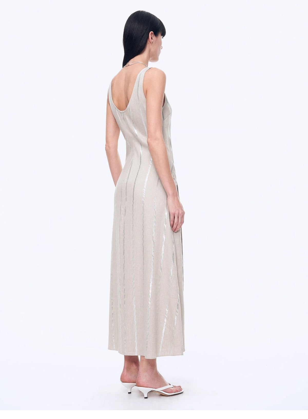 Fireladyfur Clothing Women's Fashion - Women's Clothing - Dress - Sleeveless Dress "Milan Holiday" Silver Striped Linen V-Neck Drape Dress