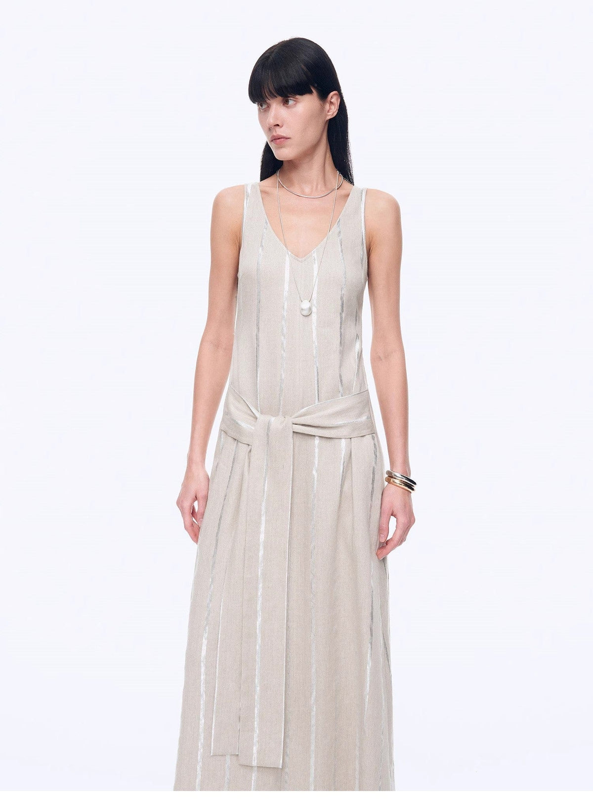 Fireladyfur Clothing Women's Fashion - Women's Clothing - Dress - Sleeveless Dress "Milan Holiday" Silver Striped Linen V-Neck Drape Dress
