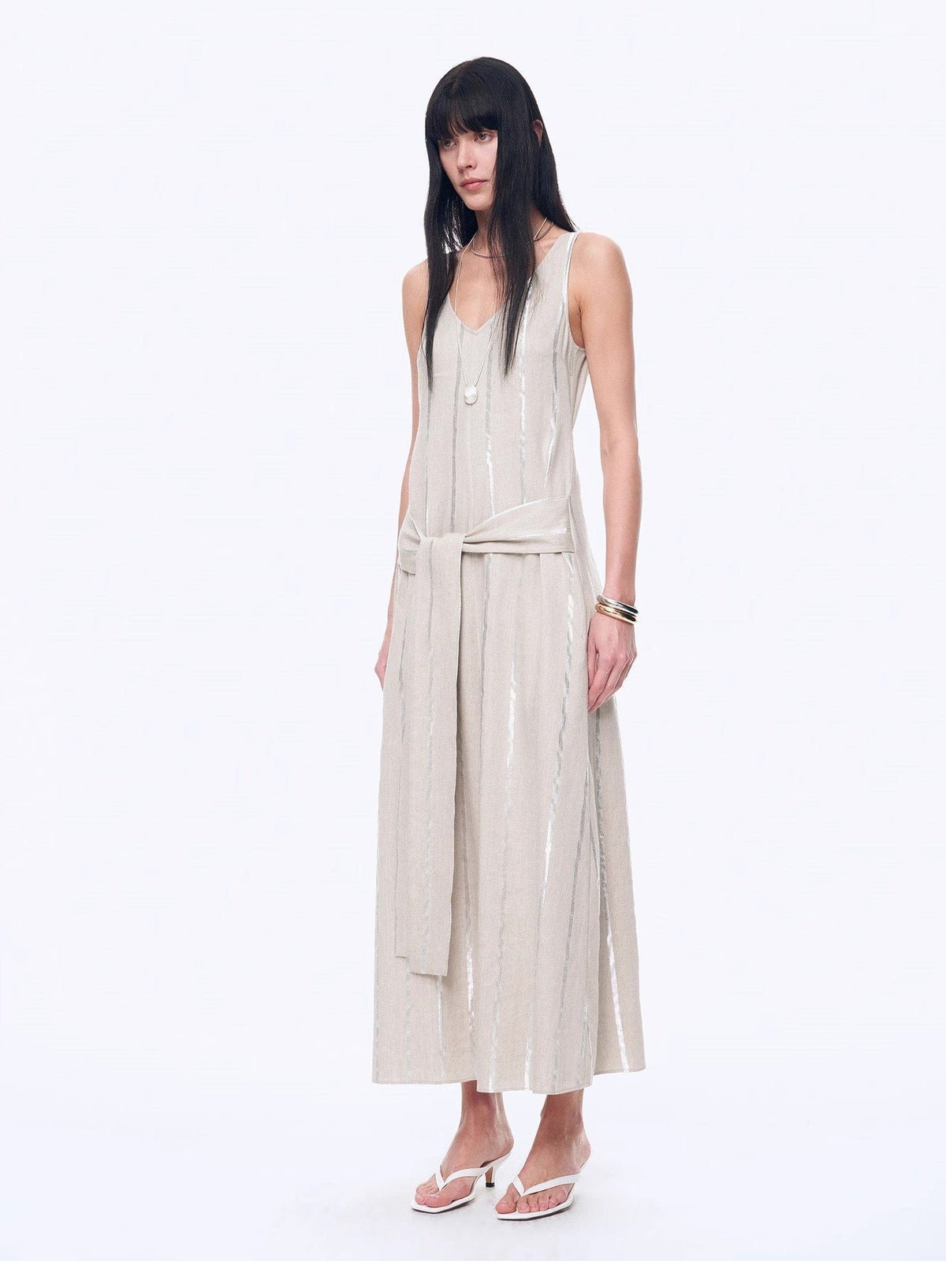 Fireladyfur Clothing Women's Fashion - Women's Clothing - Dress - Sleeveless Dress "Milan Holiday" Silver Striped Linen V-Neck Drape Dress