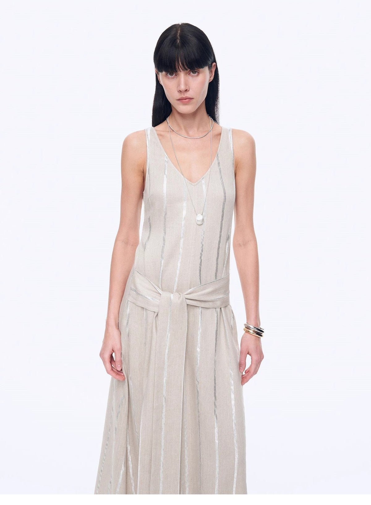 Fireladyfur Clothing Women's Fashion - Women's Clothing - Dress - Sleeveless Dress "Milan Holiday" Silver Striped Linen V-Neck Drape Dress