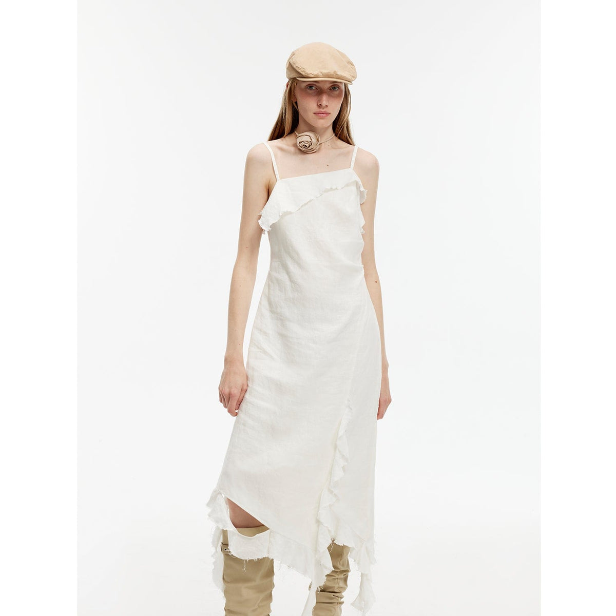 Fireladyfur Clothing Women's Fashion - Women's Clothing - Dress - Sleeveless Dress Off-White / S（4-6） "Summer Whisper" Sand-Washed Linen Sling Ruffled Irregular Fit Sling Dress