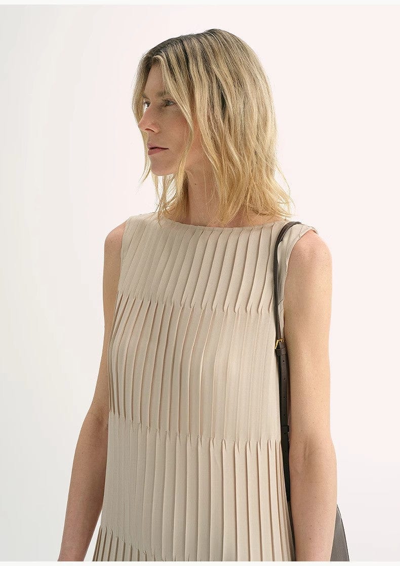 Fireladyfur Clothing Women's Fashion - Women's Clothing - Dress - Sleeveless Dress Original Design Handmade Pleated Straight Sleeveless Boat Neck Dress