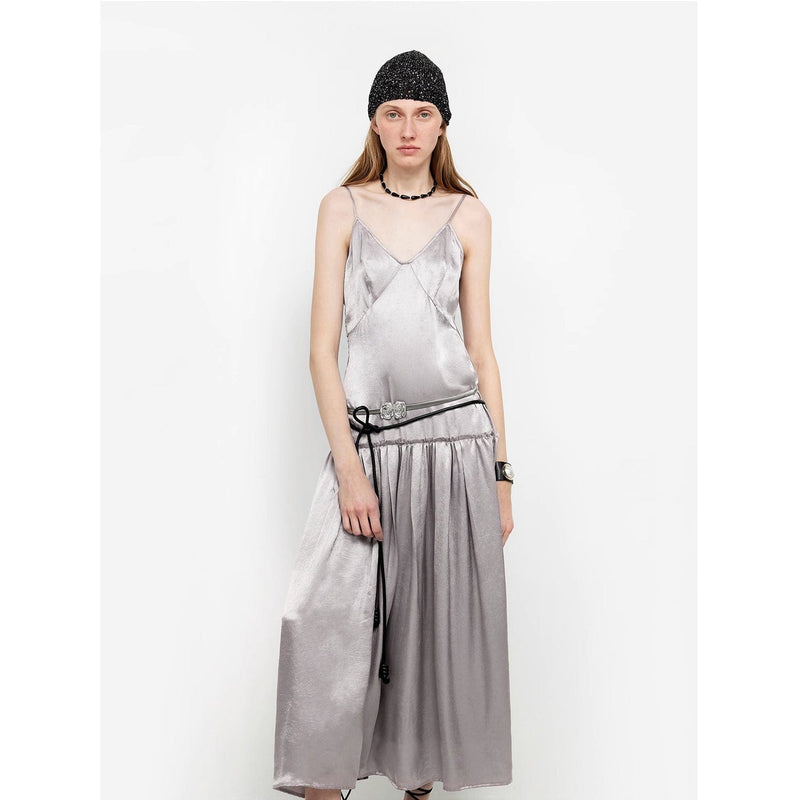 Fireladyfur Clothing Women's Fashion - Women's Clothing - Dress - Sleeveless Dress S（4-6） / Smoke Gray "Girls' Letterhead" Luxurious and Light, Glossy and Silky 100% Acetate Low-Waisted Long Suspender Dress