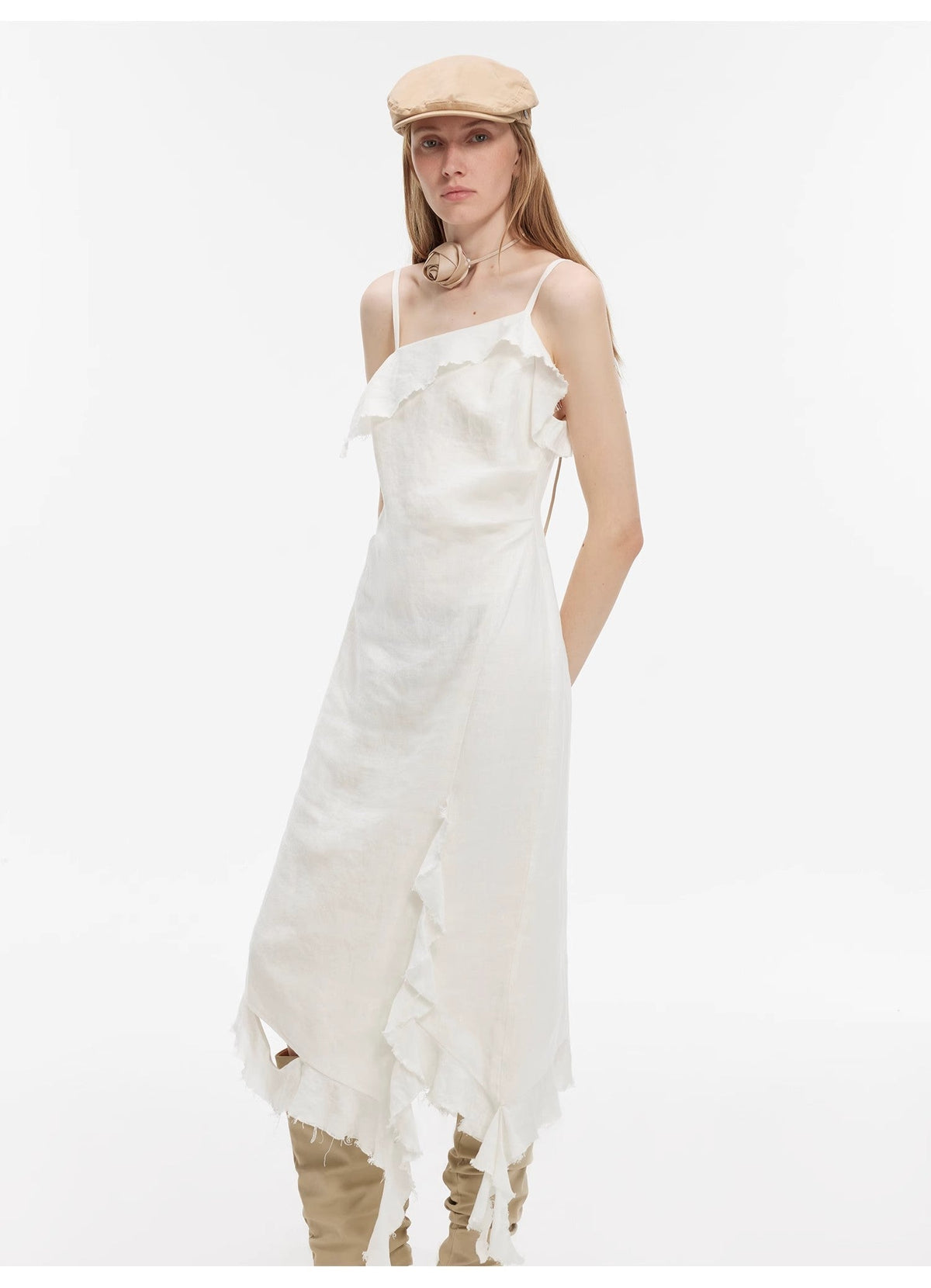 Fireladyfur Clothing Women's Fashion - Women's Clothing - Dress - Sleeveless Dress "Summer Whisper" Sand-Washed Linen Sling Ruffled Irregular Fit Sling Dress