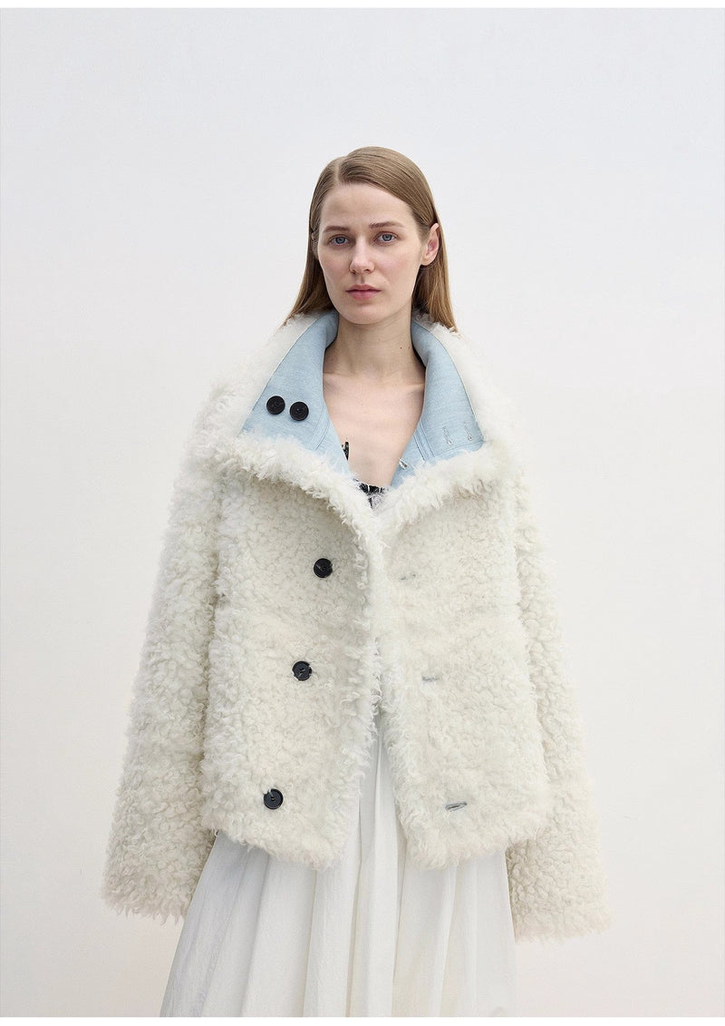 Fireladyfur Clothing Women's Fashion - Women's Clothing - Jackets & Coats - Jackets "Mint Glacier"Flip Collar Reversible Shearling Denim Wool Jacket