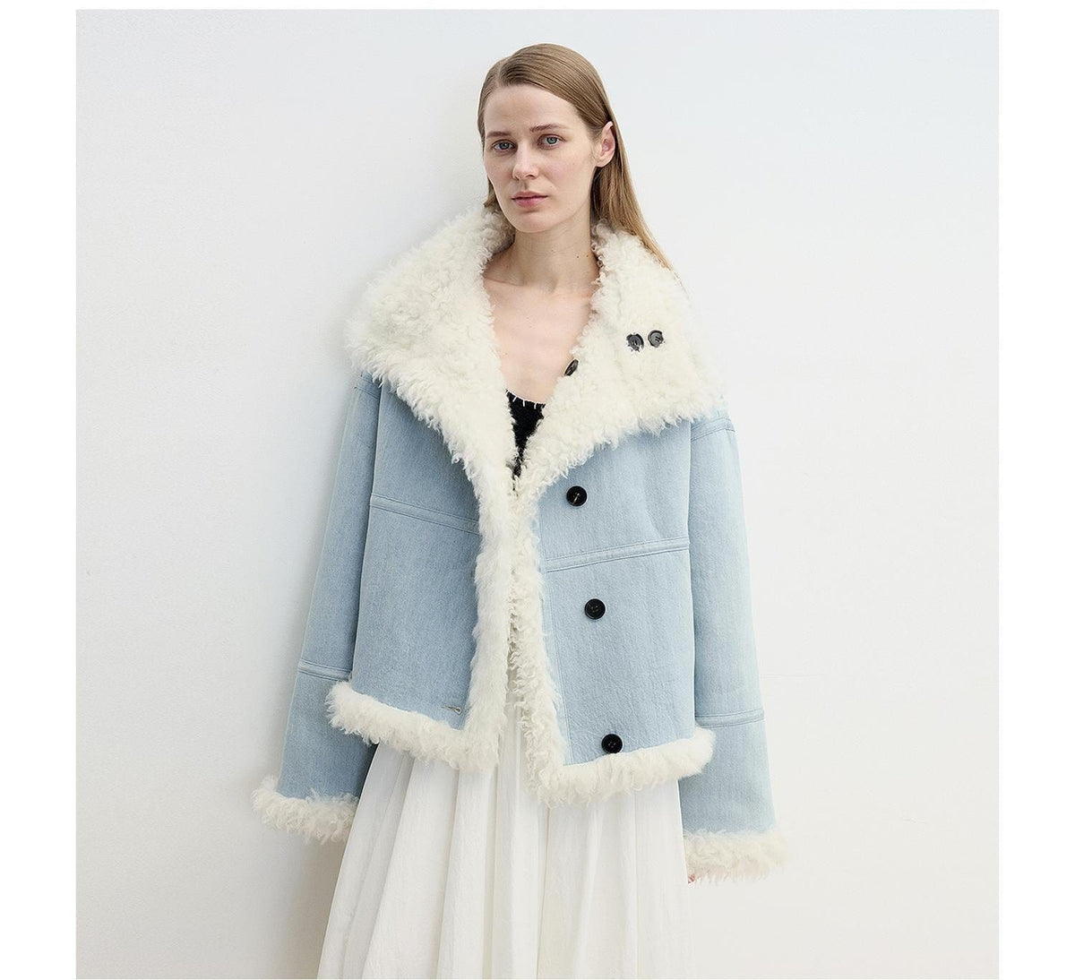Fireladyfur Clothing Women's Fashion - Women's Clothing - Jackets & Coats - Jackets Pale Blue / S（4-6） "Mint Glacier"Flip Collar Reversible Shearling Denim Wool Jacket