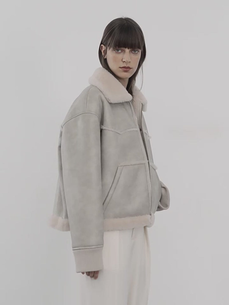 Fireladyfur Clothing Women's Fashion - Women's Clothing - Jackets & Coats - Leather Jackets "Makino's Fun" Lapel Wool Artificial Compound Leather Short Style Shearling Jacket