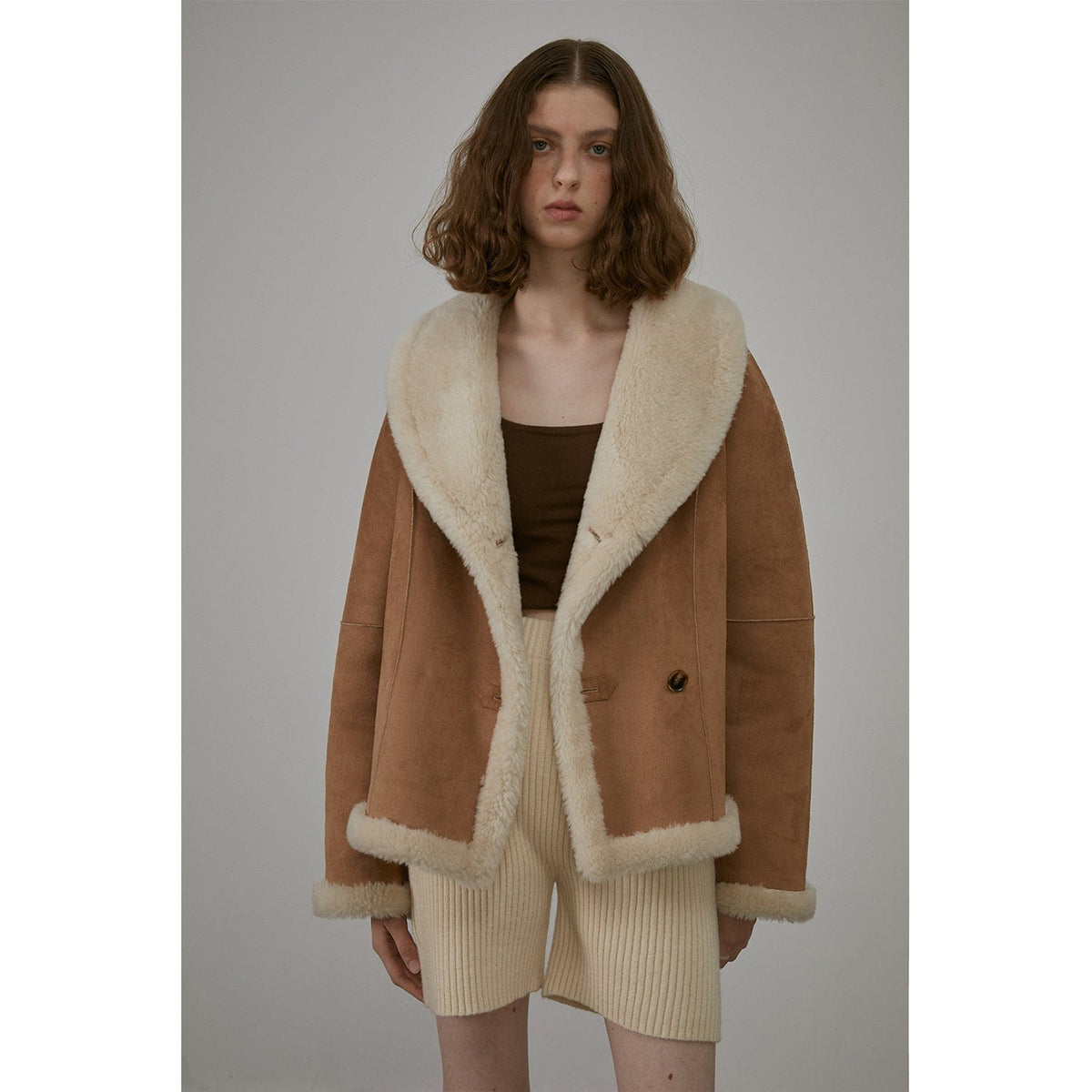 Fireladyfur Clothing Women's Fashion - Women's Clothing - Jackets & Coats - Leather Jackets S（4-6） / Beige "Bella Poetry" Reversible Artificial Compound Leather Shearling Short Jacket