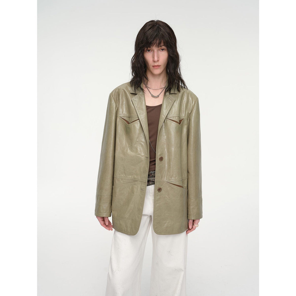 Fireladyfur Clothing Women's Fashion - Women's Clothing - Jackets & Coats - Leather Jackets S（4-6） / Light Green "Windsor Past" Wide Shoulder Multi-Pocket Suit Waxed Leather Jacket